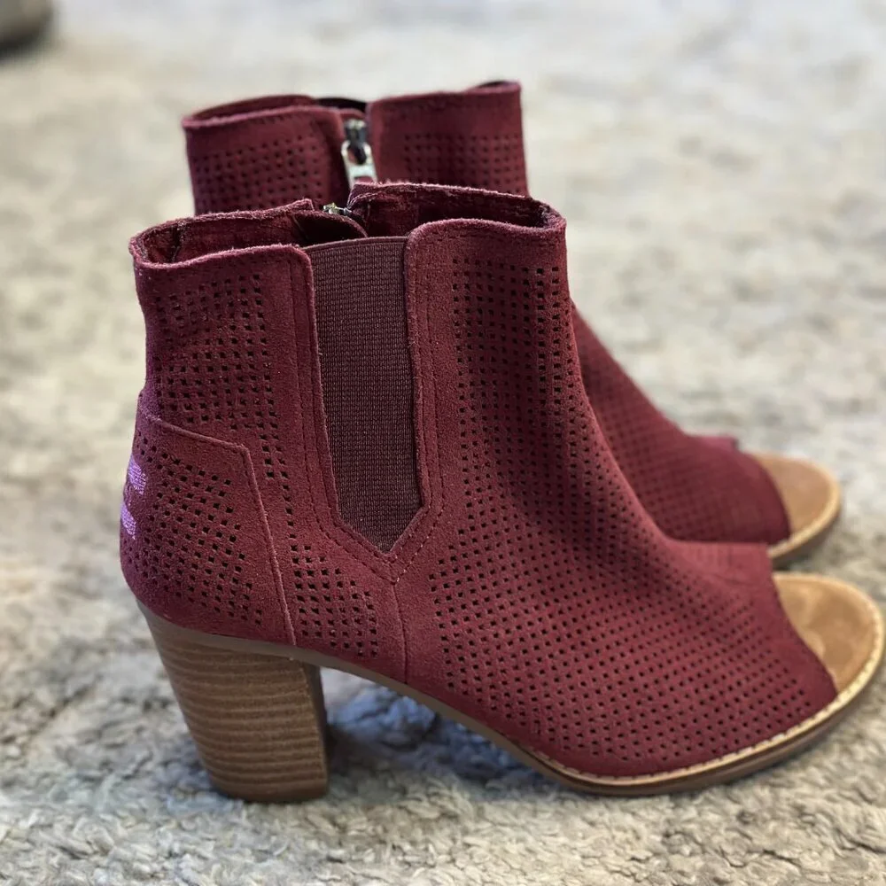 Toms Wide 6.5 Burgundy Red Open Toe Booties Suede Peep Toe Leather Majorca Open - Picture 3 of 10